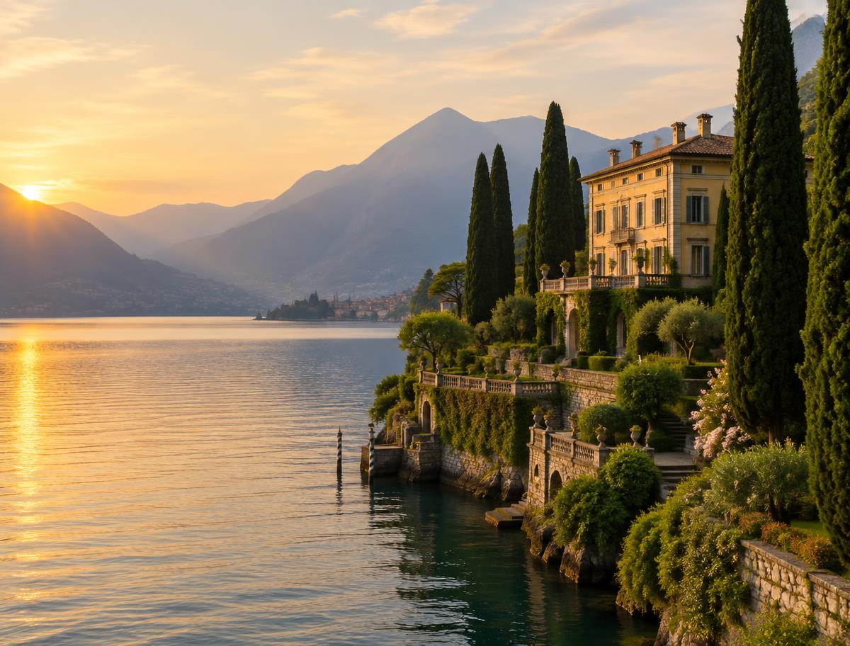 Classical lakeside villa with cypress trees above Lake Como, Italy