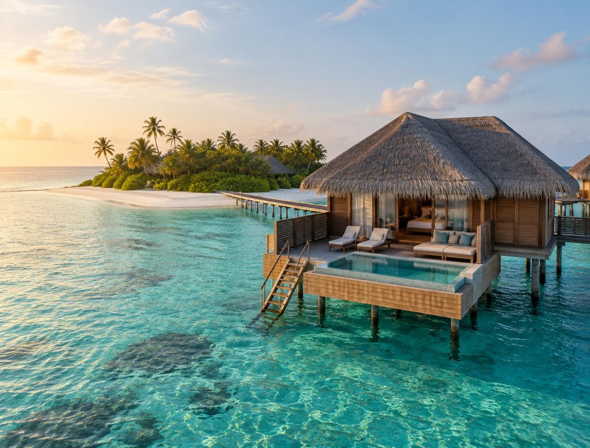 Overwater villa on a clear turquoise Maldivian lagoon at sunset