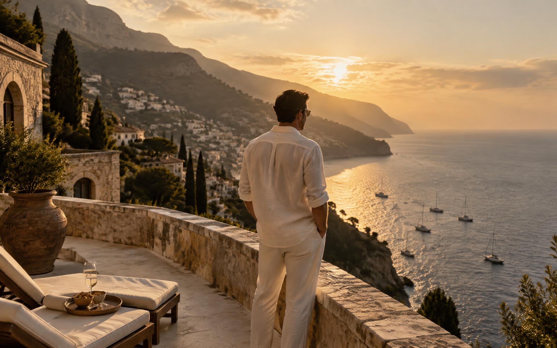 A traveller looking out over a Mediterranean coastline at golden hour
